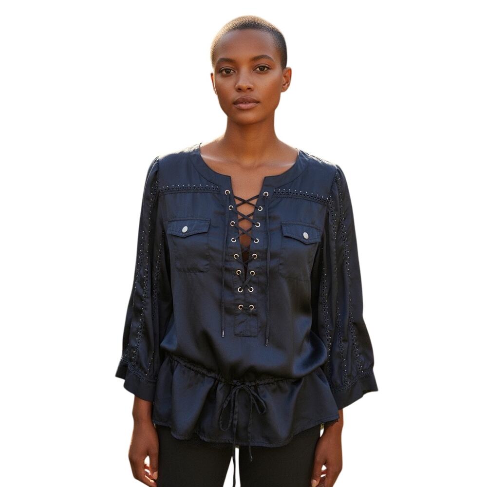Vintage Y2K Silk Blend Witchy Renaissance Whimsy Goth Lace Up Black Top Size S